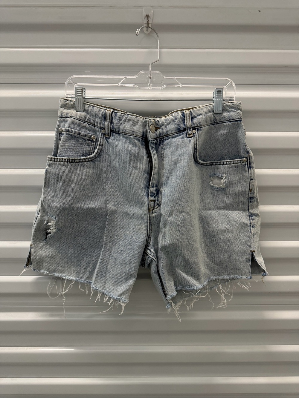 ASOS Light Blue Distressed Denim Shorts with Frayed Split Hem Size 34”